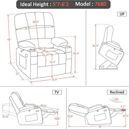 MCombo Large Dual Motor Power Lift Recliner Chair for Elderly, Massage and Heat, Lay Flat, Zero Gravity, Home Button, USB Port, Faux Leather 7680 (Navy Blue, Large)