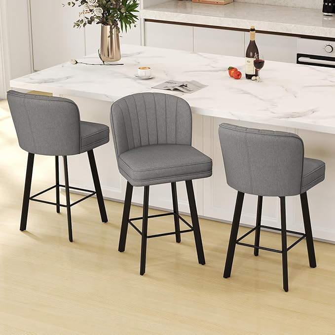 Swivel Counter Height Bar Stools Set of 6, 26'' Modern Barstools with Backs and Metal Legs, Upholstered Bar Chairs,Mid-Gray,Fabric Stools for Kitchen Island Chairs