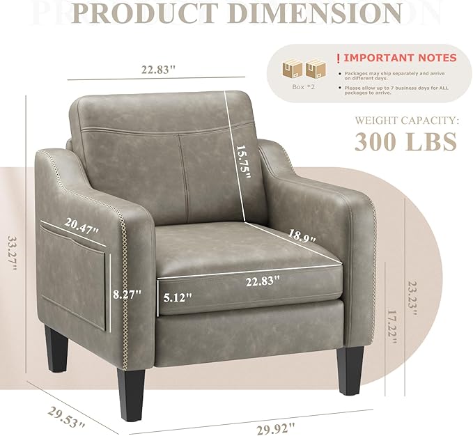 PU Leather Accent Chair Set of 2, Mid-Century Modern Living Room Armchair Sofa with Removable Cushions, Solid Wood Frame & Stitched Armrest Design, Bedroom Chair with Plastic Legs, Grey
