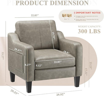 PU Leather Accent Chair Set of 2, Mid-Century Modern Living Room Armchair Sofa with Removable Cushions, Solid Wood Frame & Stitched Armrest Design, Bedroom Chair with Plastic Legs, Grey