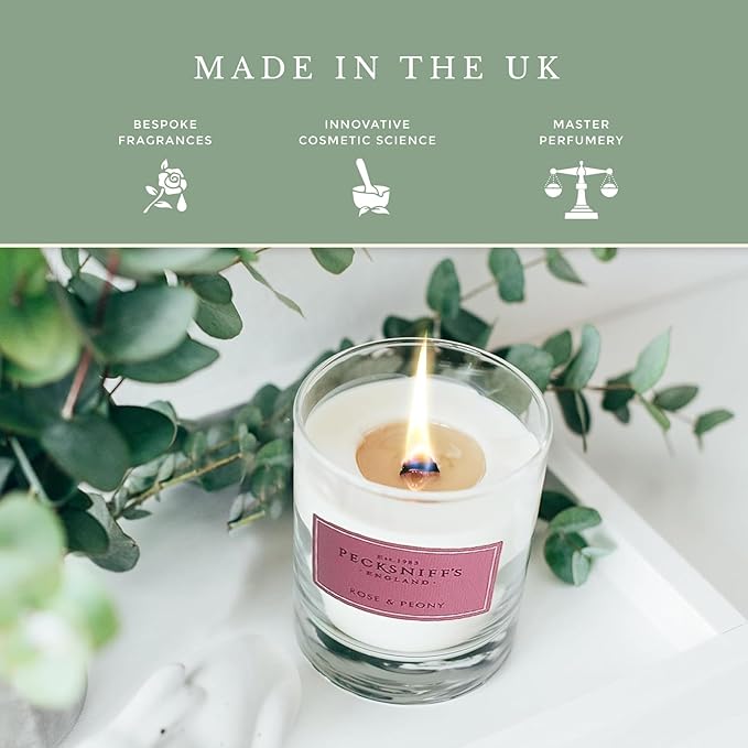 Pecksniffs White Scented Candle - Rose & Peony Fragrance Candles for Home Scented - Elegant Glass Vessel - 1 Wick Luxury Candles, 184g/6.49oz