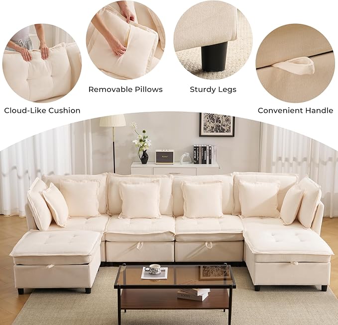 133'' Modular Sectional Sofa, Oversized U Shaped Couch with Storage Ottoman, Comfy Chenille Sofa with Deep Seat, 6 Seat Convertible Couches with Throw Pillows for Living Room, Beige