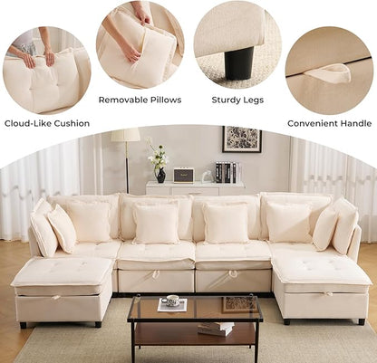 133'' Modular Sectional Sofa, Oversized U Shaped Couch with Storage Ottoman, Comfy Chenille Sofa with Deep Seat, 6 Seat Convertible Couches with Throw Pillows for Living Room, Beige
