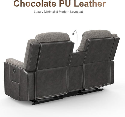 Loveseat Recliner, Manual Reclining Loveseat Sofa with Reading Light, Chic Blend Style Sofa, Storage Console, Cup Holders, USB Ports, Fabric & PU Leather, Recliner Couch for Living Room/RV