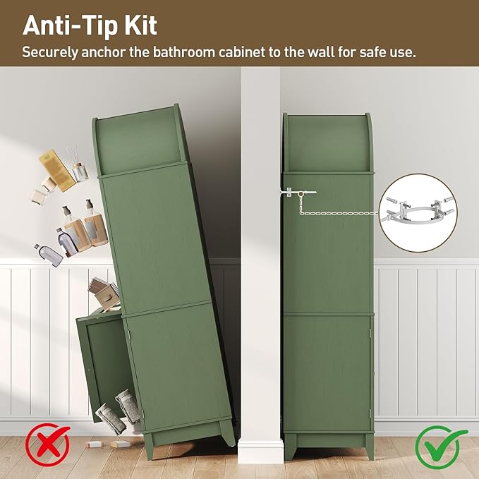 66" Tall Bathroom Storage Cabinet with Flip Drawer, Freestanding Storage Cabinet with Doors & Shelves,Arched Cabinets for Bathroom, Living Room, Kitchen, Laundry, Green