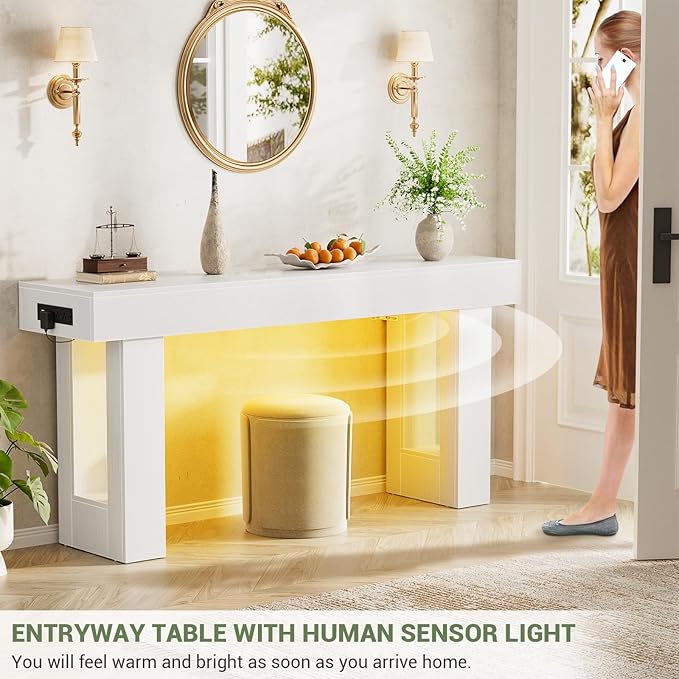 Unikito 63'' Farmhouse Console Table with Power Outlets and Sensor Light, Wooden Entryway Table with Storage, Rectangular Sofa Tables Behind The Couch for Entrance, Hallway, Living Room, White