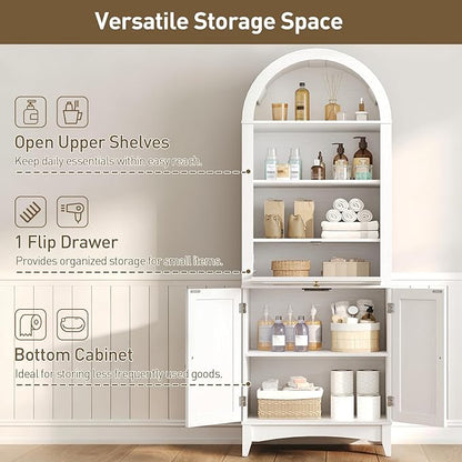 66" Tall Bathroom Storage Cabinet with Flip Drawer, Freestanding Storage Cabinet with Doors & Shelves,Arched Cabinets for Bathroom, Living Room, Kitchen, Laundry, White