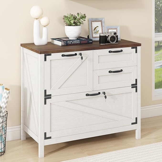 Lateral File Cabinet with 4 Drawers, Farmhouse File Cabinet for Letter/Legal/A4 Size Hanging Files, Large Wood File Storage Cabinets Printer Stand for Home Office Cabinets, White with Lock