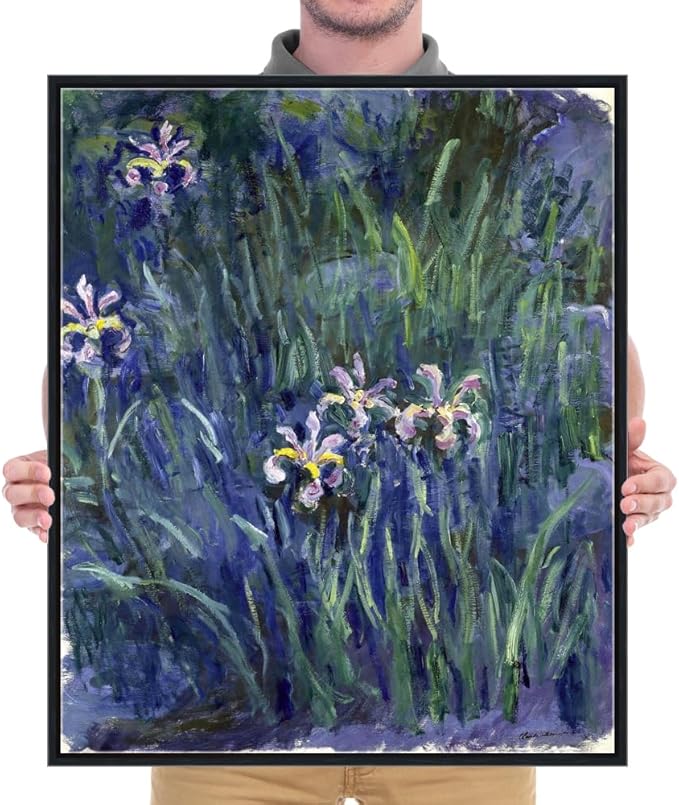 Wieco Art Framed Canvas Prints Wall Art Irises by Claude Monet Oil Paintings Reproduction Landscape Pictures Artwork on Canvas Wall Art for Living Room Decorations and Wall Decor
