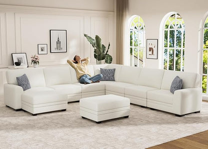 Wanderwell Oversized Modular Sectional Sofa, 9-Seater U Shaped Couches with Movable Ottoman,Corduroy Sectional Couch with Wide and Deep Seats Suitable for Living Room,Bedroom,Apartment (Cream, U-9)