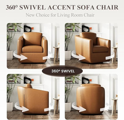 360° Comfy Swivel Accent Armchair with Pillow - Fully Assembled Living Room Single Sofa No-Sag Foam & Sturdy Metal Base, Swivel Accent Chair for Bedroom Living Room, Office, Brown