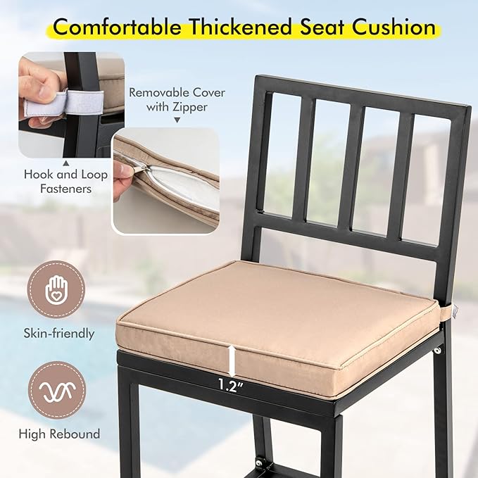 COSTWAY 2 PCS Patio Bar Chairs, Heavy-Duty Metal Frame Bar Stools Set of 2, Indoor Outdoor All-Weather Resistant Barstools with Detachable Cushion & Footrest, for Patio, Garden, Poolside