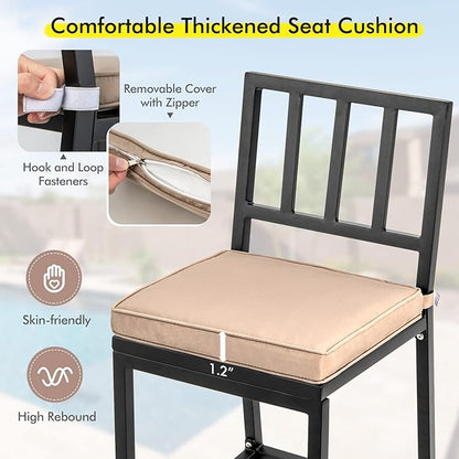 COSTWAY 2 PCS Patio Bar Chairs, Heavy-Duty Metal Frame Bar Stools Set of 2, Indoor Outdoor All-Weather Resistant Barstools with Detachable Cushion & Footrest, for Patio, Garden, Poolside