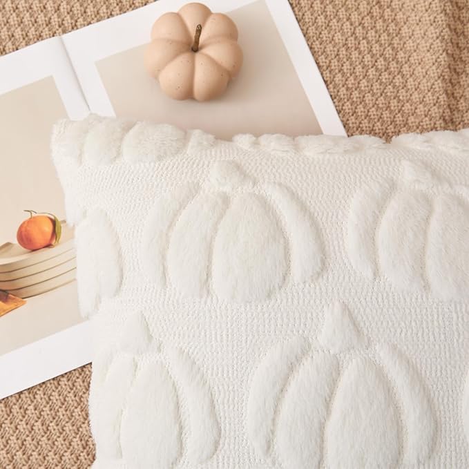 Kevin Textile Fall Pillow Covers 18x18 Inch Set of 2 Soft Pumpkins Decorative Square Pillowcases Plush Autumn Faux Fur Cushions Harvest Gift for Couch Sofa Chair Bedroom Home Decor, Cream White
