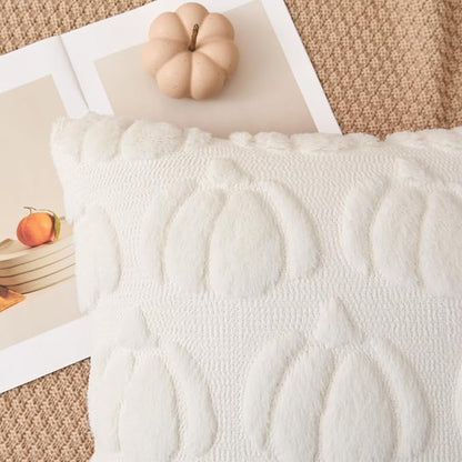 Kevin Textile Fall Pillow Covers 18x18 Inch Set of 2 Soft Pumpkins Decorative Square Pillowcases Plush Autumn Faux Fur Cushions Harvest Gift for Couch Sofa Chair Bedroom Home Decor, Cream White