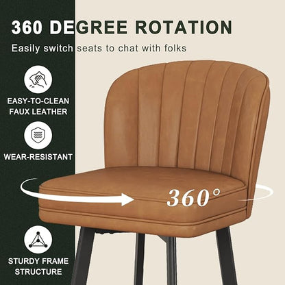 Swivel Counter Height Bar Stools Set of 4, 26'' Modern Barstools with Backs and Metal Legs, Upholstered Bar Chairs, Faux Leather Whiskey Brown Stools for Kitchen Island Chairs
