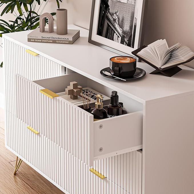 White Dresser for Bedroom, Modern Dresser with Gold Metal Handles & Chests of Drawers, Wood Chest of Drawers for Bedroom