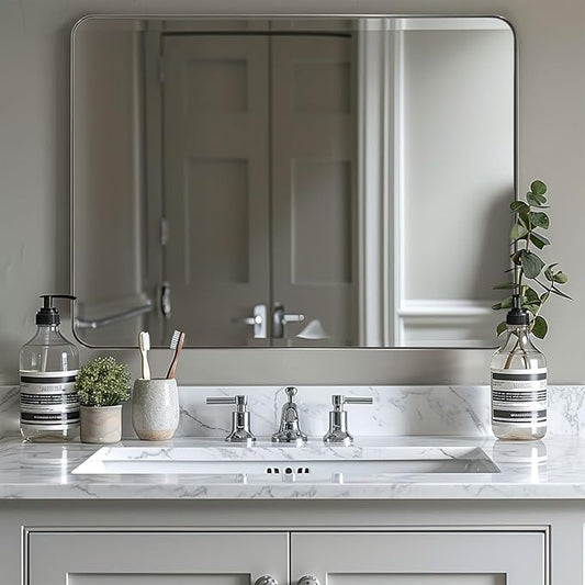 ANDY STAR 30”x40”Chrome Mirror for Bathroom, Rounded Rectangle Bathroom Mirror, Modern Metal Mirror in Premium Stainless Steel Frame, 1”Deep Set Design Hangs Horizontal Or Vertical