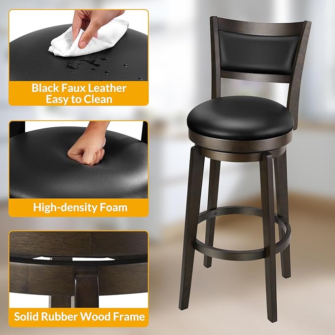 PrimeZone Swivel Bar Stools Set of 1, 30 Inch Bar Height Barstools, Black Faux Leather Bar Stool with High Backrest & Solid Wood Legs & Wrap-Around Footrest, Counter Stools for Kitchen Island, Pub