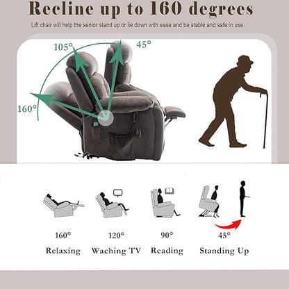 Power Lift Recliner Chair with Massage and Heating Functions,Velvet Sofa with 2 Remote Controls and Two Cup Holders,Recline up to 160 Degrees,Suitable for Living Room
