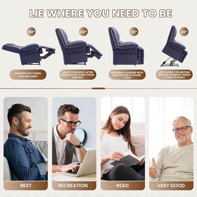 Large Dual Motor Power Lift Recliner Chair with Massage and Heat for Elderly People, Infinite Position,USB Ports and Remote Control,Breathable Leather (Blue)