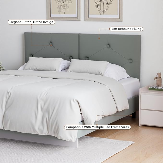 Modern Queen Headboard, Upholstered Faux Leather Bed Headboard with Solid Wood & Sturdy Metal Legs, Tufted Adjustable Height Headboards in Button Design, Grey
