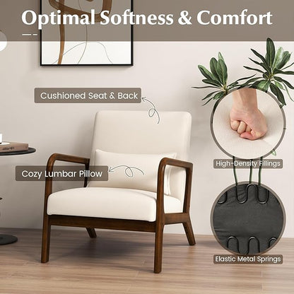 KOMFOTT Mid-Century Modern Accent Chair Set of 2, Living Room LeisureChair with Cushioned Seat & Back, Upholstered Armchair with Rubber Wood Frame & Lumbar Pillow, Lounge Chair for Bedroom, Beige