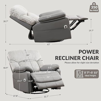 GRAINELL Swivel Rocker Recliner Chair with Massage and Heat, USB Charging Port, Infinite Position Power Recliner, Electric Glider Rocking Chairs for Living Room, Nursery (Grey)