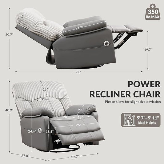 GRAINELL Swivel Rocker Recliner Chair with Massage and Heat, USB Charging Port, Infinite Position Power Recliner, Electric Glider Rocking Chairs for Living Room, Nursery (Grey)