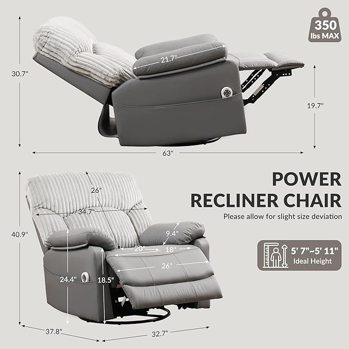 Power Swivel Rocker Recliner Chair with Massage and Heat for Adults, Electric Infinite Position Recliner with USB Charging Port, Corduroy and PU Leather Mixed Fabric, Easy Assembly (Grey)
