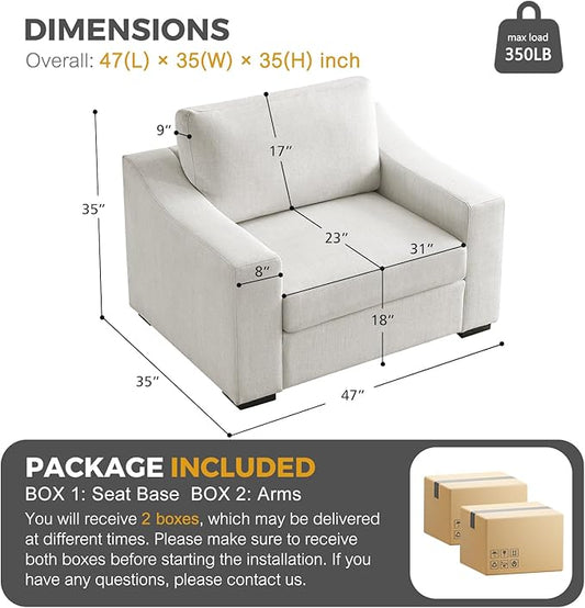ELUCHANG 47" W Oversized Accent Chair Set of 2, Linen Fabric Modern Armchair, Washable Covers, Comfy Upholstered Large Chair Armchair Sofa Chair Reading Chair for Living Room Bedroom Office, Ivory