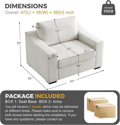ELUCHANG 47" Oversized Accent Chair, Linen Fabric Modern Lounge Chair with Deep Seat, Washable Cover, Comfy Upholstered Large Sofa Armchair Reading Chair for Living Room, Bedroom, Office, Ivory