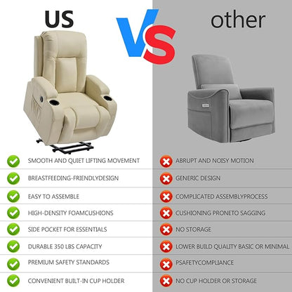 PELUMY Manual Lift Recliner Chair for Elderly with Massage & Heat, Oversized Heavy Duty 350 lbs Recliner with Cup Holders & USB Ports, Infinite Positioning Lift Chair (Breathable Leather, Beige)