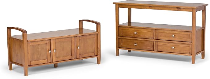 SIMPLIHOME Warm Shaker Entryway Storage Bench - 44 inch Wide Solid Wood Storage Seat in Light Golden Brown, Transitional Bench Seat for Mudroom or Living Room with Lift-Up Lid and Shaker-Style Panels