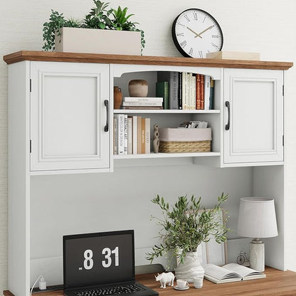 Vabches Farmhouse 47" Executive Desk with Hutch, 2 Drawers and LED Light, Computer Desk with Storage Cabinet and Charging Station,Workstation for Home Office and Study.Unique White