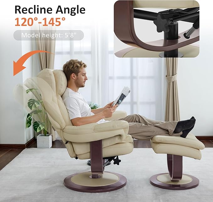 MCombo Oversized Swivel Recliner Chair with Ottoman, Adjustable Backrest, 360° Wood Base, High Seat, Faux Leather Lounge Chair for Tall Users in Living Room Office 4651 (Cream White)