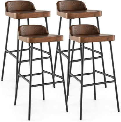 COSTWAY Bar Stool Set of 4, 29'' Industrial Pub Stool with Low Backrest and Footrest, Metal Legs, Breakfast Counter Height Chair for Island Living Room Kitchen Bar, Rustic Brown & Black