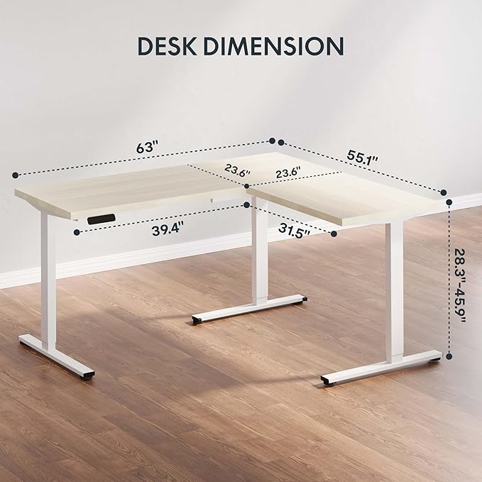 SANODESK L Shaped Standing Desk with Drawer, Adjustable Height Electric Corner Standing Desk, 63 x 55 inch Sit Stand Computer Table with Splice Board, Maple