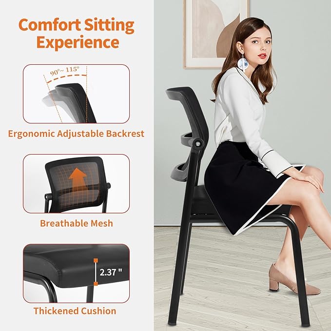 CLATINA Stackable Waiting Room Chair with Adjustable Mesh Backrest, Armless Office Guest Reception Chairs with Ergonomic Lumbar Support and Leather Cushion for Conference Lobby Side School, Black