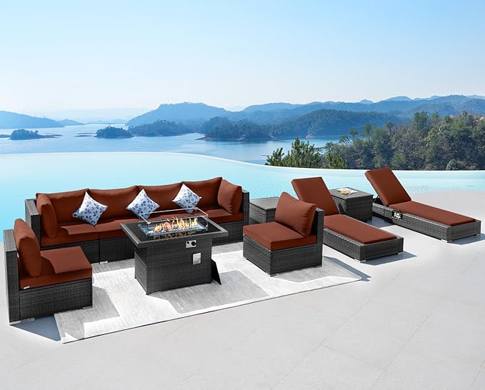 NICESOUL 11 Piece Outdoor Conversation Set with Firepit Propane/Gas, 29.3'' High Back Comfortable Patio Furniture Set w/Chaise Lounger, Large Deep Couches for Outside, 2 Color Cushion Burgundy & Gray