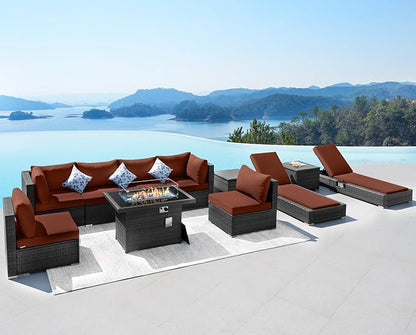 NICESOUL 11 Piece Outdoor Conversation Set with Firepit Propane/Gas, 29.3'' High Back Comfortable Patio Furniture Set w/Chaise Lounger, Large Deep Couches for Outside, 2 Color Cushion Burgundy & Gray