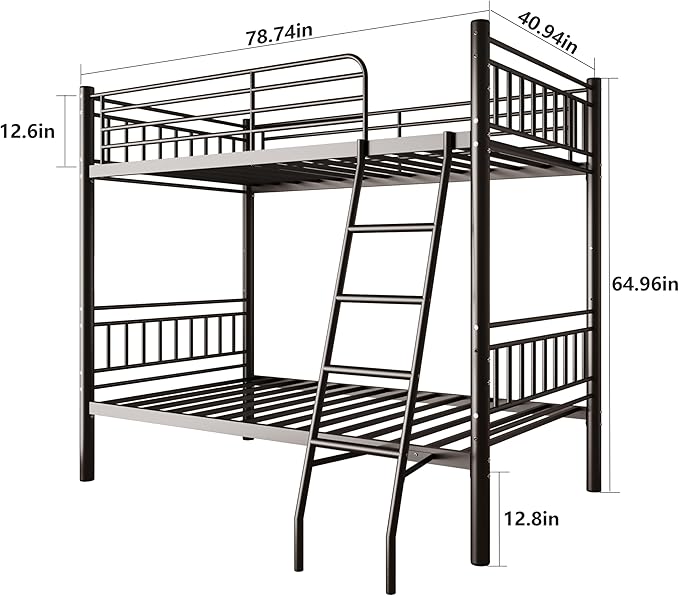 Metal Bunk Bed Twin Over Twin，Loft Bed with Removable Ladder and Full-Length Guardrail，Twin Bunk Beds Frame Heavy Duty Metal Slat Support for Adults, Kids and Young Teens (Black)