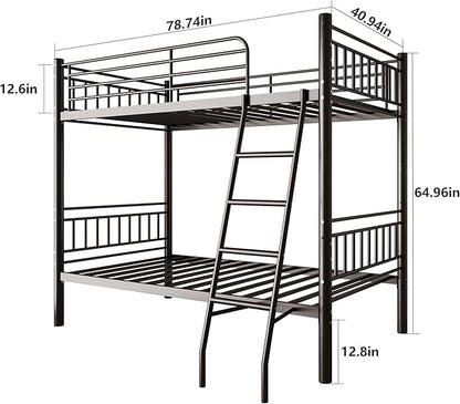 Metal Bunk Bed Twin Over Twin，Loft Bed with Removable Ladder and Full-Length Guardrail，Twin Bunk Beds Frame Heavy Duty Metal Slat Support for Adults, Kids and Young Teens (Black)