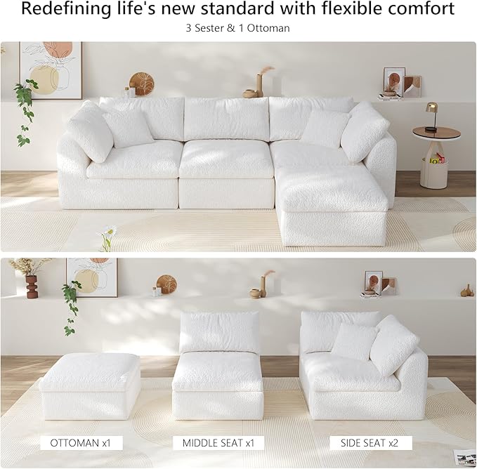 108" Boneless Cloud Couch Modular Sectional Sofa with Deep Seat for Living Room, L Shape Couch with Ottoman, Snowflake Cloth and 40D Memory Sponge，2 Throw Pillows (White, 3 Seater+1 Ottoman)