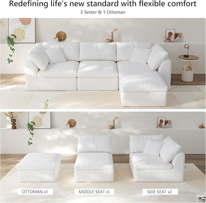 108" Boneless Cloud Couch Modular Sectional Sofa with Deep Seat for Living Room, L Shape Couch with Ottoman, Snowflake Cloth and 40D Memory Sponge，2 Throw Pillows (White, 3 Seater+1 Ottoman)
