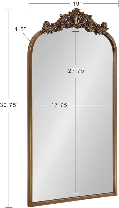 Kate and Laurel Arendahl Traditional Arch Mirror, 19" x 30.75", Gold, Baroque Inspired Wall Decor