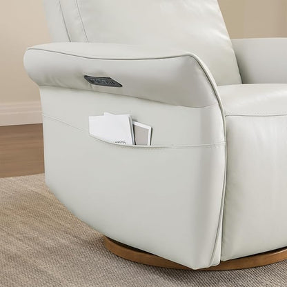 CHITA Genuine Leather Power Recliner Chair, Electric Triple-Motor Swivel Glider Nursery Rocking Chair with Adjustable Power Headrest and Lumbar Support, Solid Wood Base, Creamy Grey