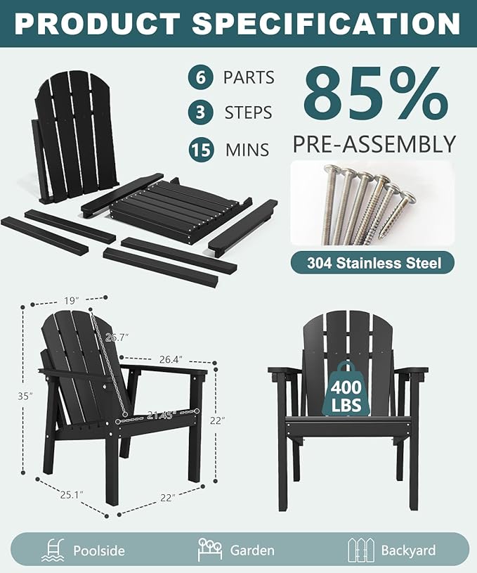 Adirondack Chair, All Weather HDPE Fire Pit Chairs, Oversized Plastic Adirondack Chair for Outdoor, Balcony, Deck, Backyard, Patio, Garden, Poolside, Lawn Black