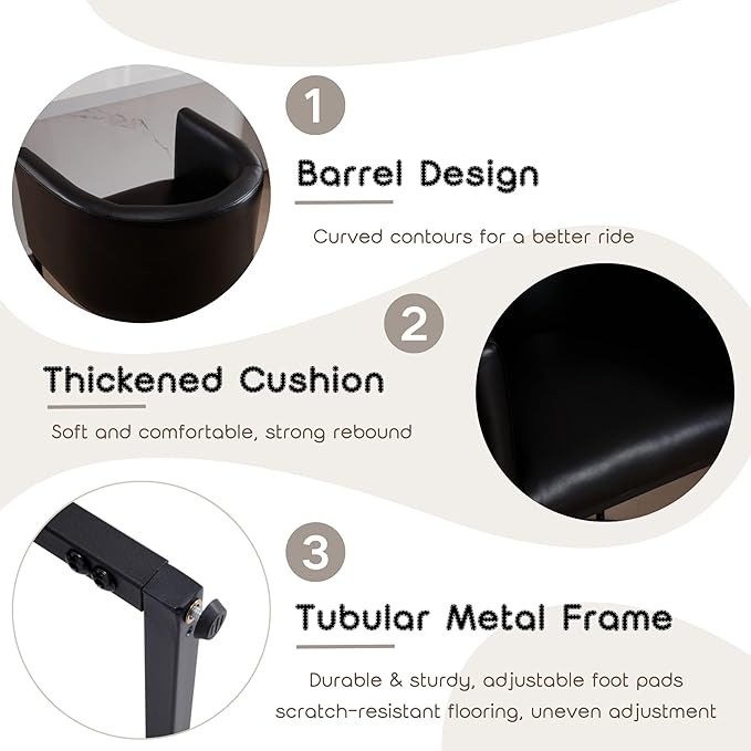 PU Leather Bar Stools, Modern Upholstered Counter Height Bar stools 24" Leather Barstools Barrel Kitchen Counter Island Stools with Black Metal Base, Black