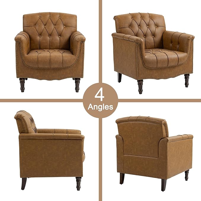Lumibee Faux Leather Accent Chairs Set of 2, Contemporary Armchairs with Nailhead Trims & Wood Legs for Living Room, Upholstered Comfy Arm Chairs for Office,Bedroom-Camel